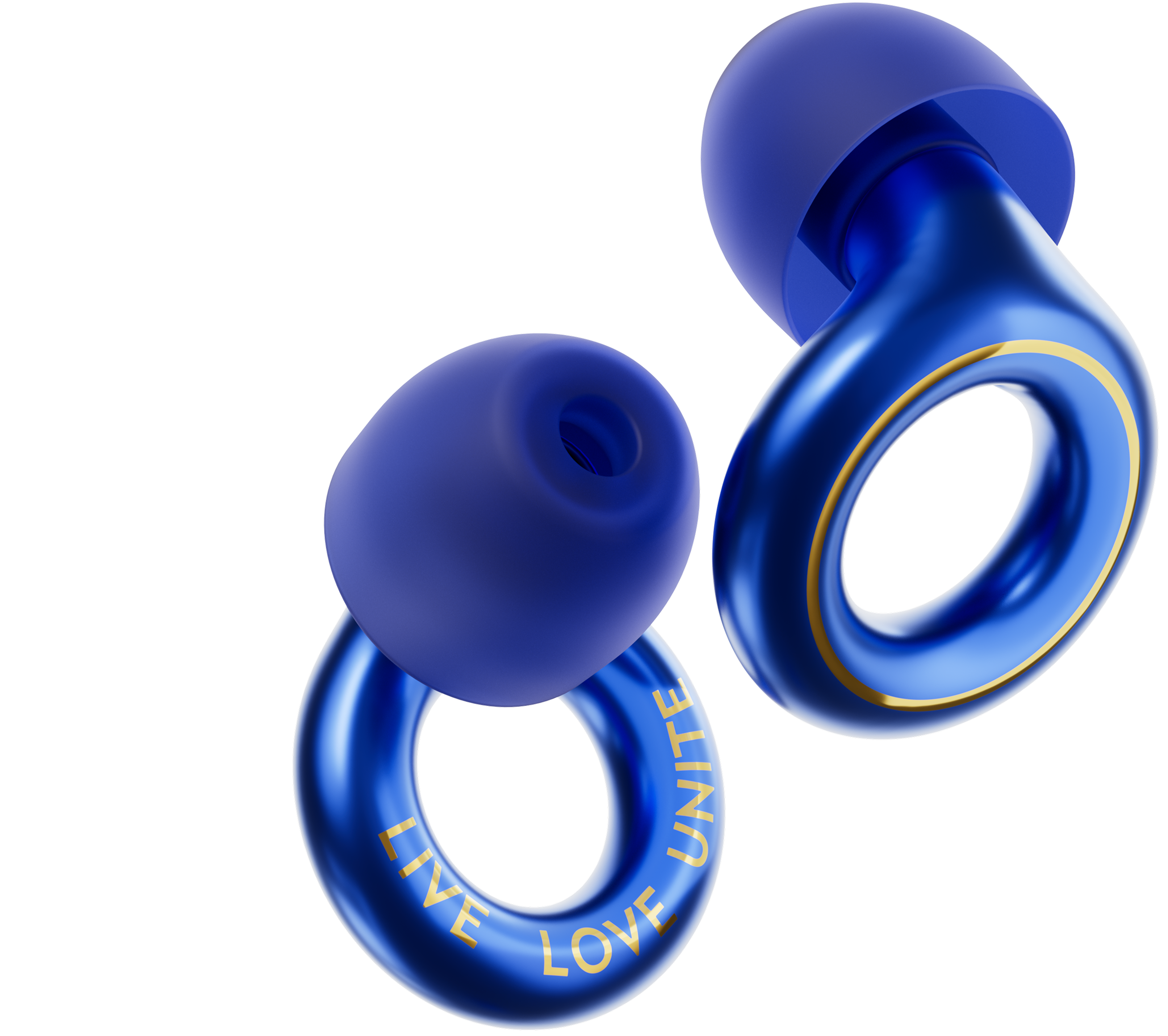 Tomorrowland x Loop Experience 2 earplugs in Consciencia Blue color with 'Live Love Unite' text on a white background
